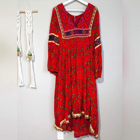 Free People Bold Blooms Red Rose V Neck Embroidered Maxi Dress XS - Picture 4 of 9